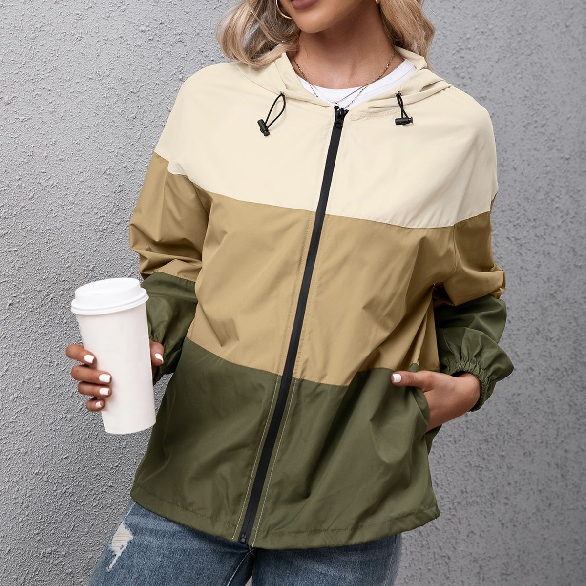 Fashion Women Windbreaker Splicing Hooded Long Sleeve Zipper