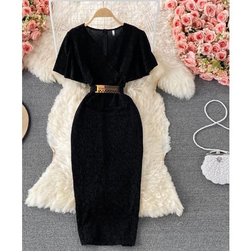 V Neck Evening Dress - Black
