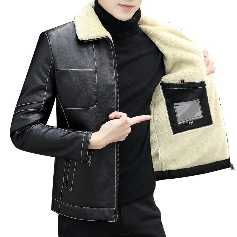 Men's Leather Jacket Plush Lining Cloth Plus Velvet Windproof-Black