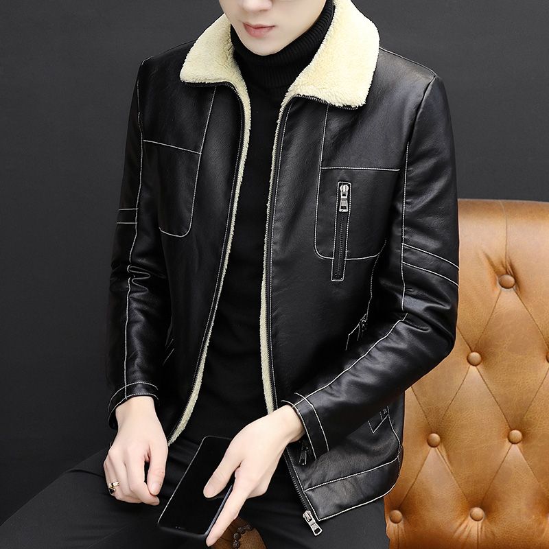 Men's Leather Jacket Plush Lining Cloth Plus Velvet Windproof-Black