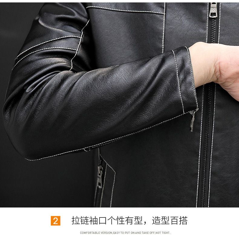 Men's Leather Jacket Plush Lining Cloth Plus Velvet Windproof-Black