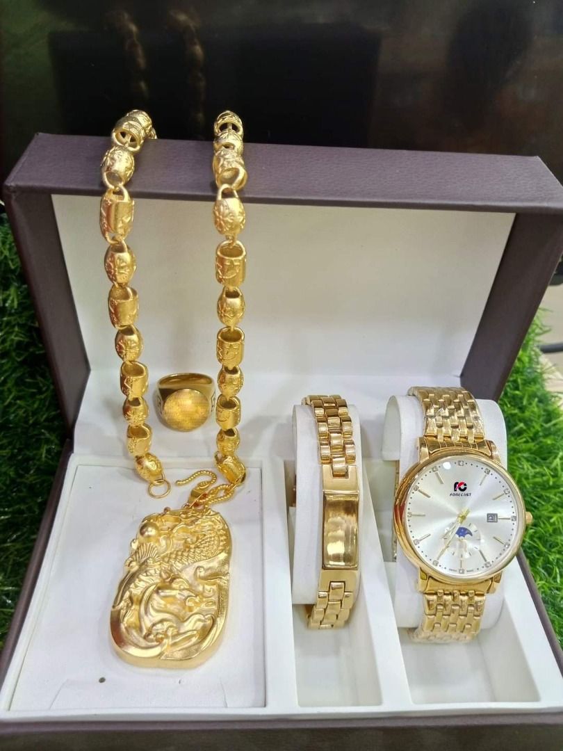 Quality Iced Sophisticated Gold Steel Chain Wristwatch + Bracelet/Necklace/Ring
