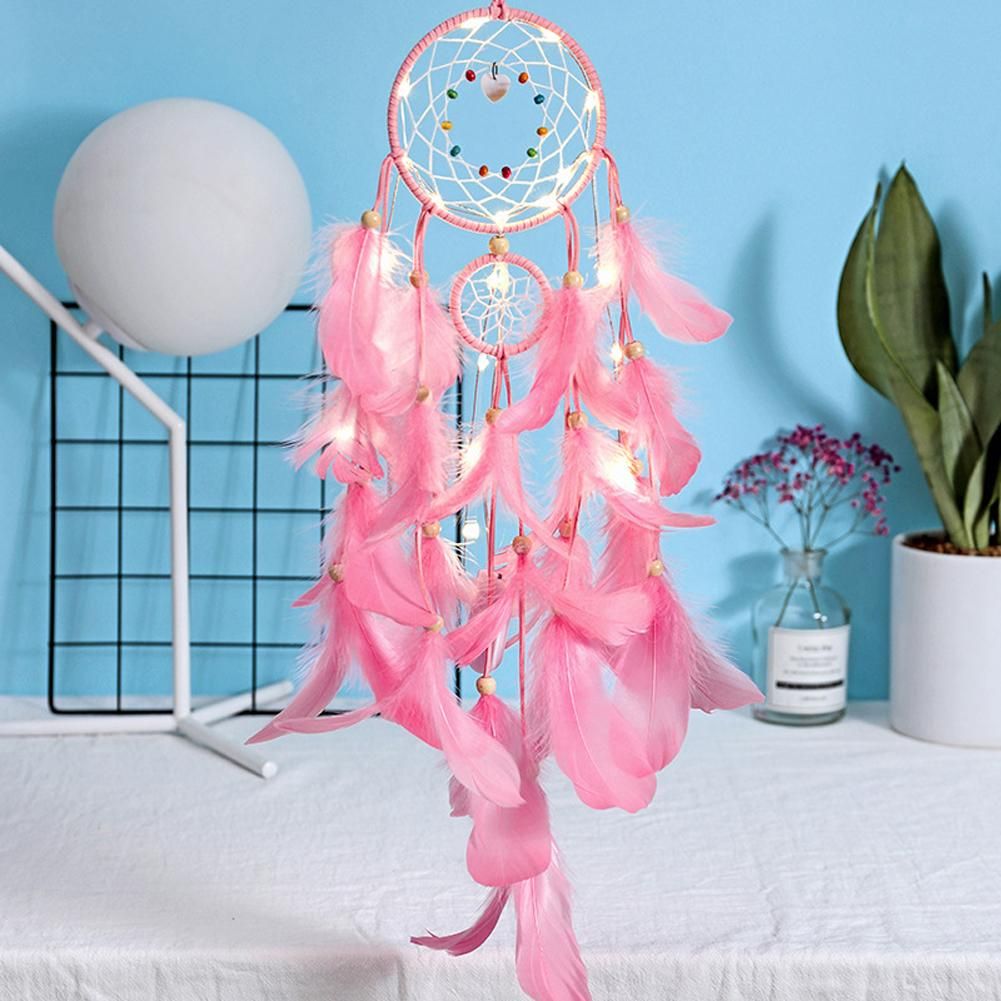 Feather Dream Catchers with LED Light Portable Handmade Wall Hangings Decoration Photography Prop Room Home Decor