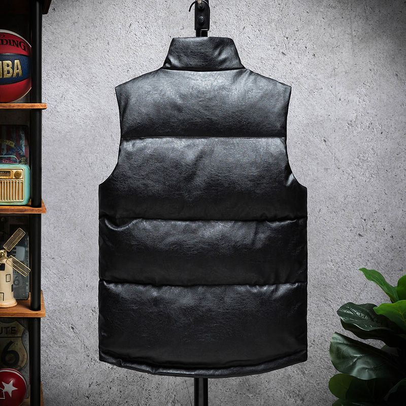 Winter Quilted Down Leather Mens Sleeveless Jackets Mens Puffer Leather Jacket