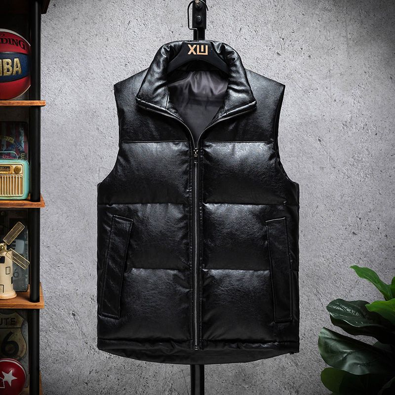 Winter Quilted Down Leather Mens Sleeveless Jackets Mens Puffer Leather Jacket
