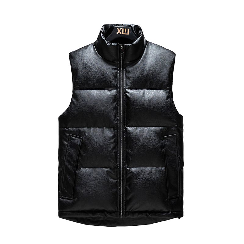Winter Quilted Down Leather Mens Sleeveless Jackets Mens Puffer Leather Jacket