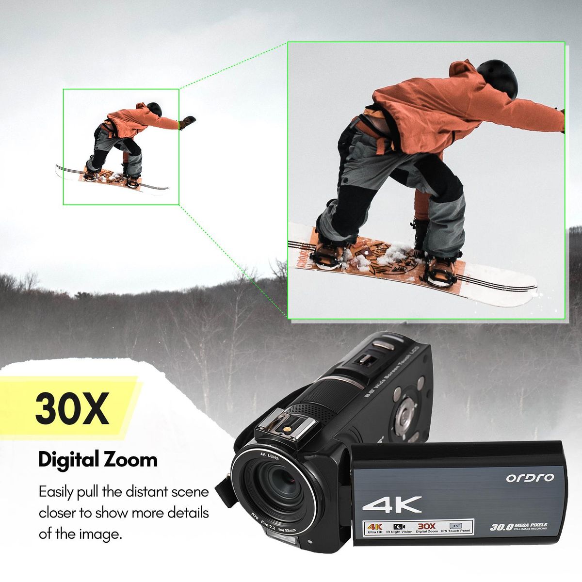 ORDRO HDR-AX10 4K Digital Video Camera WiFi Camcorder DV Recorder 3.5 Inch IPS Touch Panel 30MP 30X Digital Zoom Face Detection IR Night Vision Anti-shake with Remote Control Carry Bag