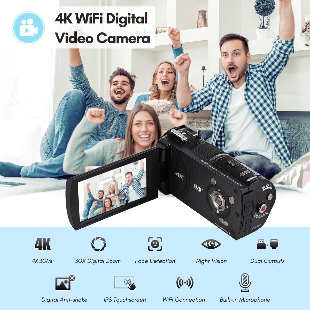 ORDRO HDR-AX10 4K Digital Video Camera WiFi Camcorder DV Recorder 3.5 Inch IPS Touch Panel 30MP 30X Digital Zoom Face Detection IR Night Vision Anti-shake with Remote Control Carry Bag