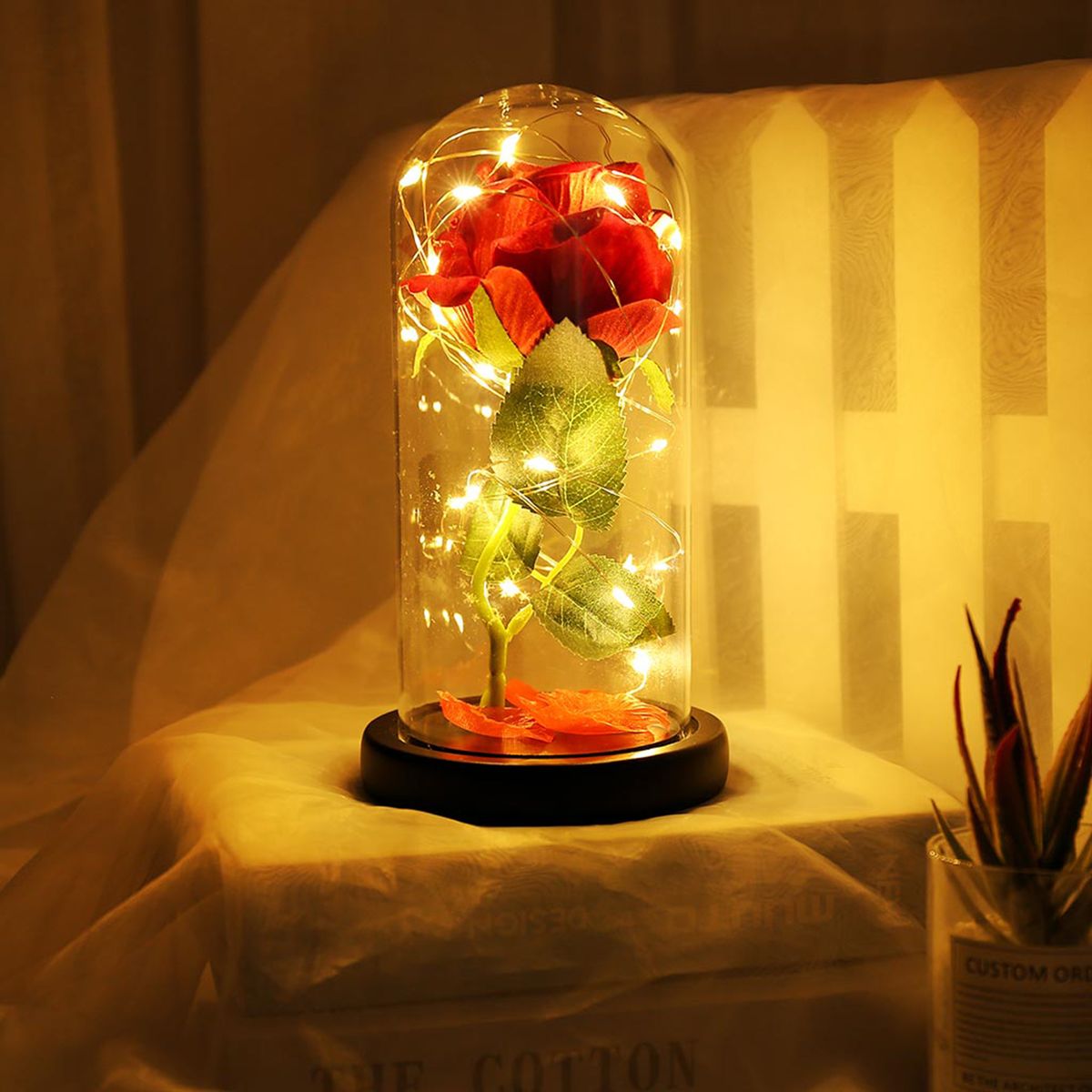 Glass Cover Wood Base Rose Flower String Light Romantic