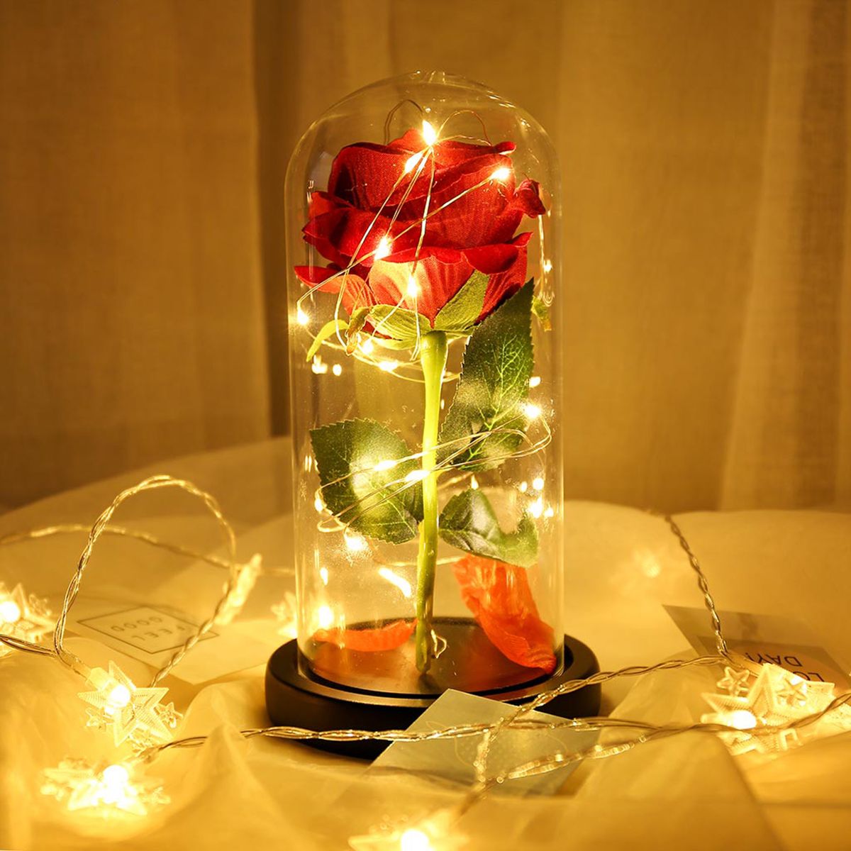 Glass Cover Wood Base Rose Flower String Light Romantic