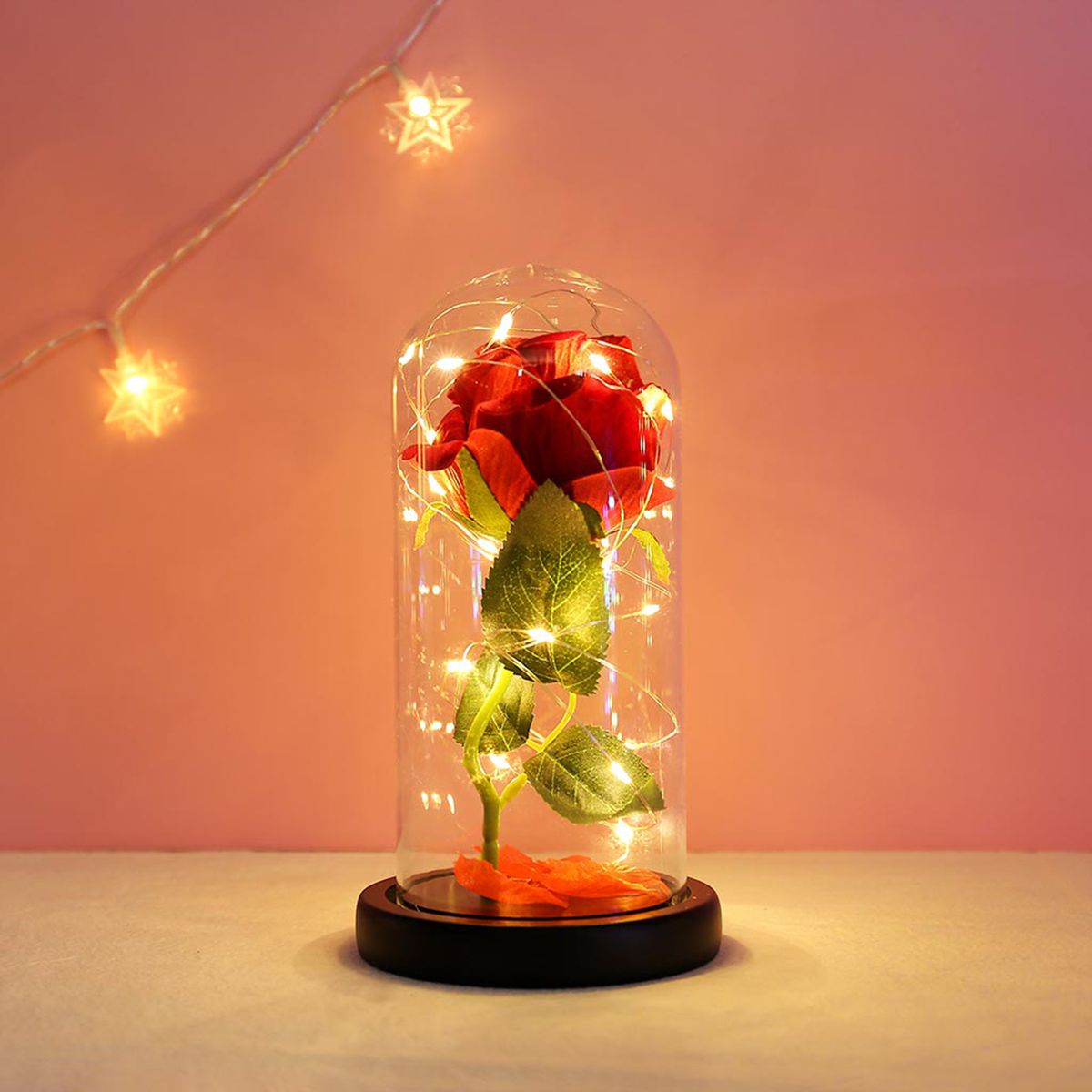 Glass Cover Wood Base Rose Flower String Light Romantic