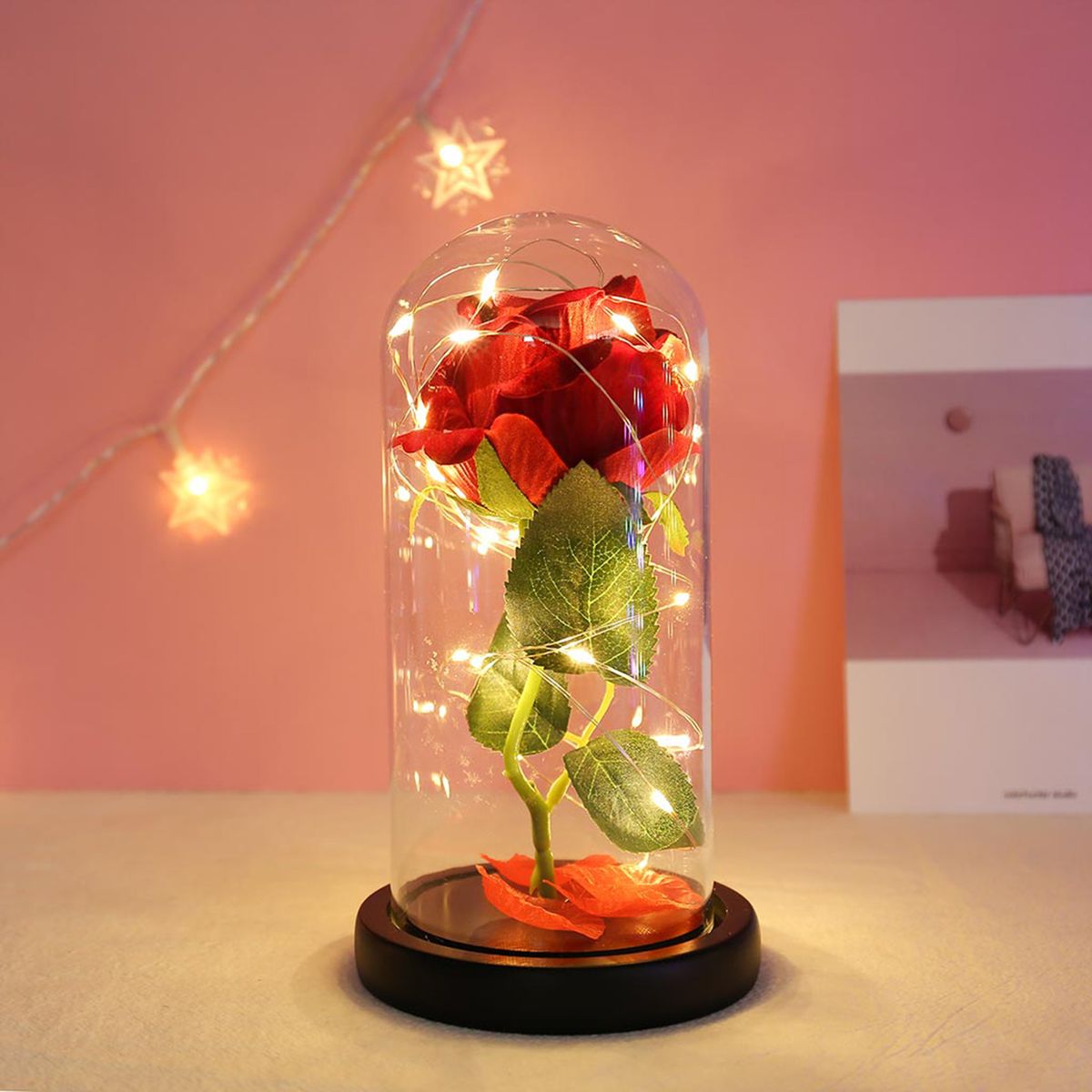 Glass Cover Wood Base Rose Flower String Light Romantic