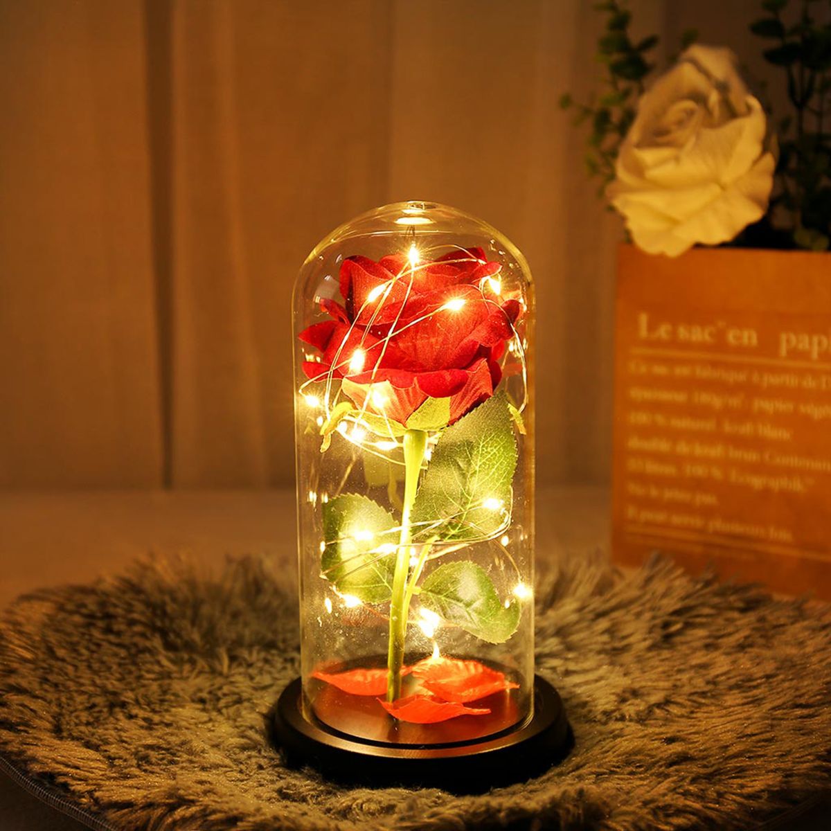 Glass Cover Wood Base Rose Flower String Light Romantic