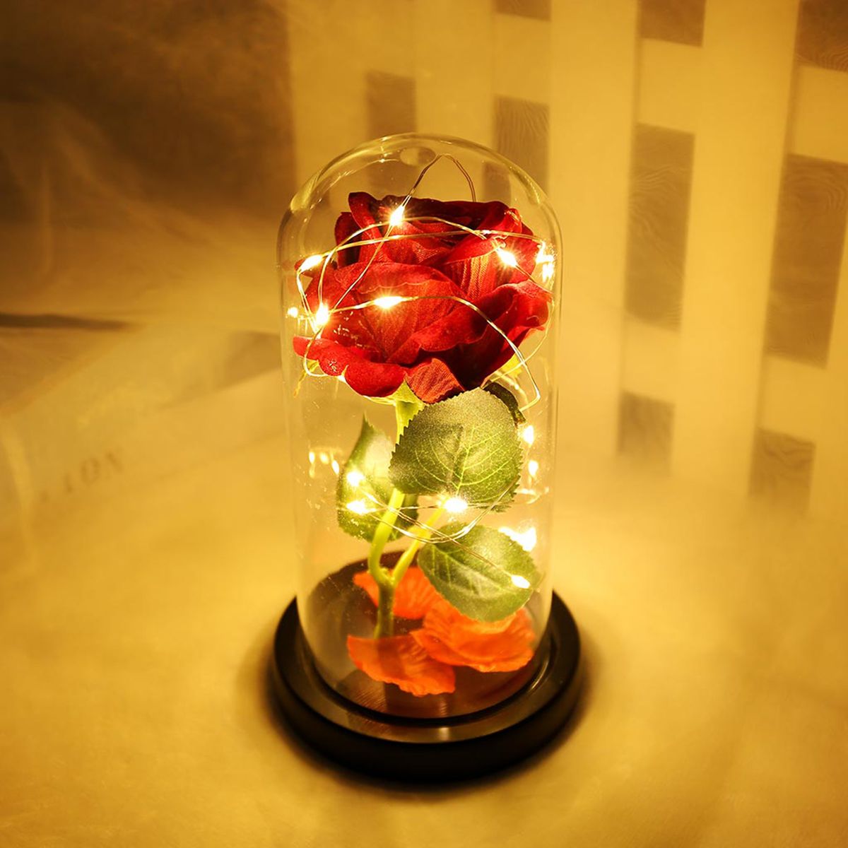 Glass Cover Wood Base Rose Flower String Light Romantic