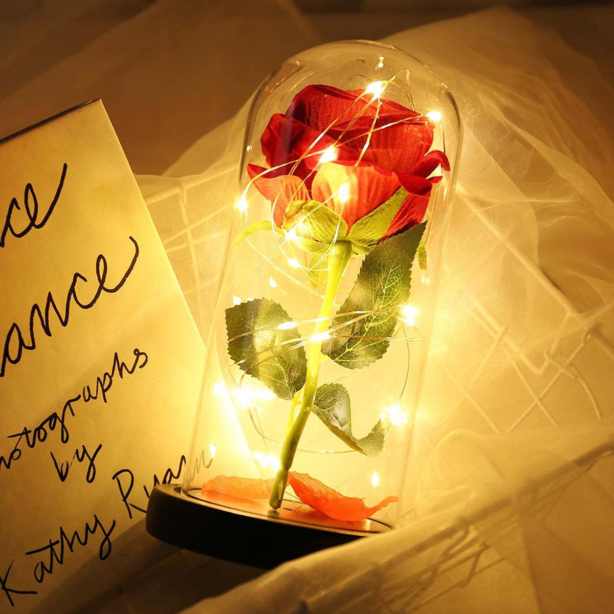 Glass Cover Wood Base Rose Flower String Light Romantic