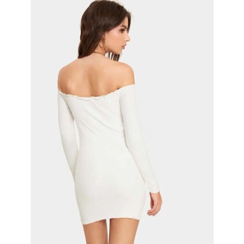 Ladies Off-shoulder Long Sleeve Short Dress - Cream