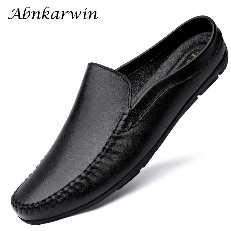 (Black)Summer Mens Low Casual Slip On Half Shoes For Men High Quality Leather Italian Designer Brea