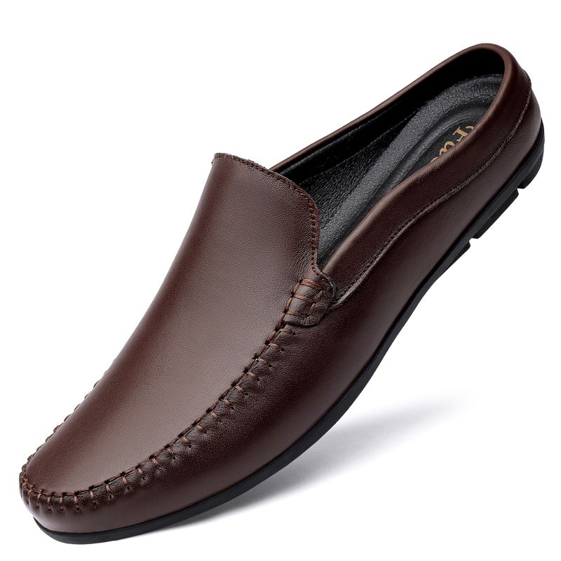 (Black)Summer Mens Low Casual Slip On Half Shoes For Men High Quality Leather Italian Designer Brea