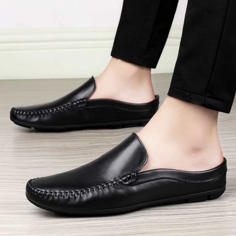 (Black)Summer Mens Low Casual Slip On Half Shoes For Men High Quality Leather Italian Designer Brea