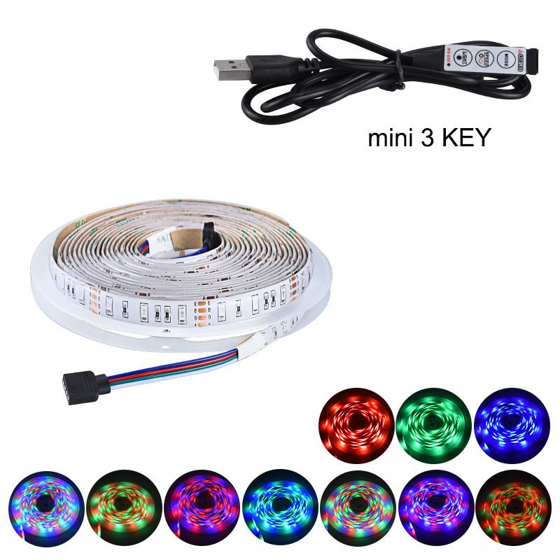 USB 5V LED Lights For Kitchen Closet Strip Tape Leds For Living Room Bedroom PC HDTV Cupboard Wardrobe Cabinet Home Lighting-5m-RGB With Mini 3key