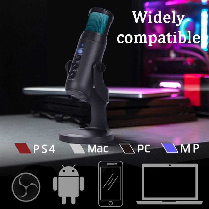 RGB Condenser Microphone for iPhone Android laptop Computers Professional USB Mic with Earphone jack for Gaming Streaming Video