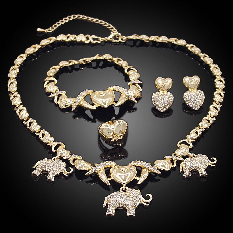 Artificial Gemstone Alloy Heart And Elephant  Jewelry Set Of Fou-Gold