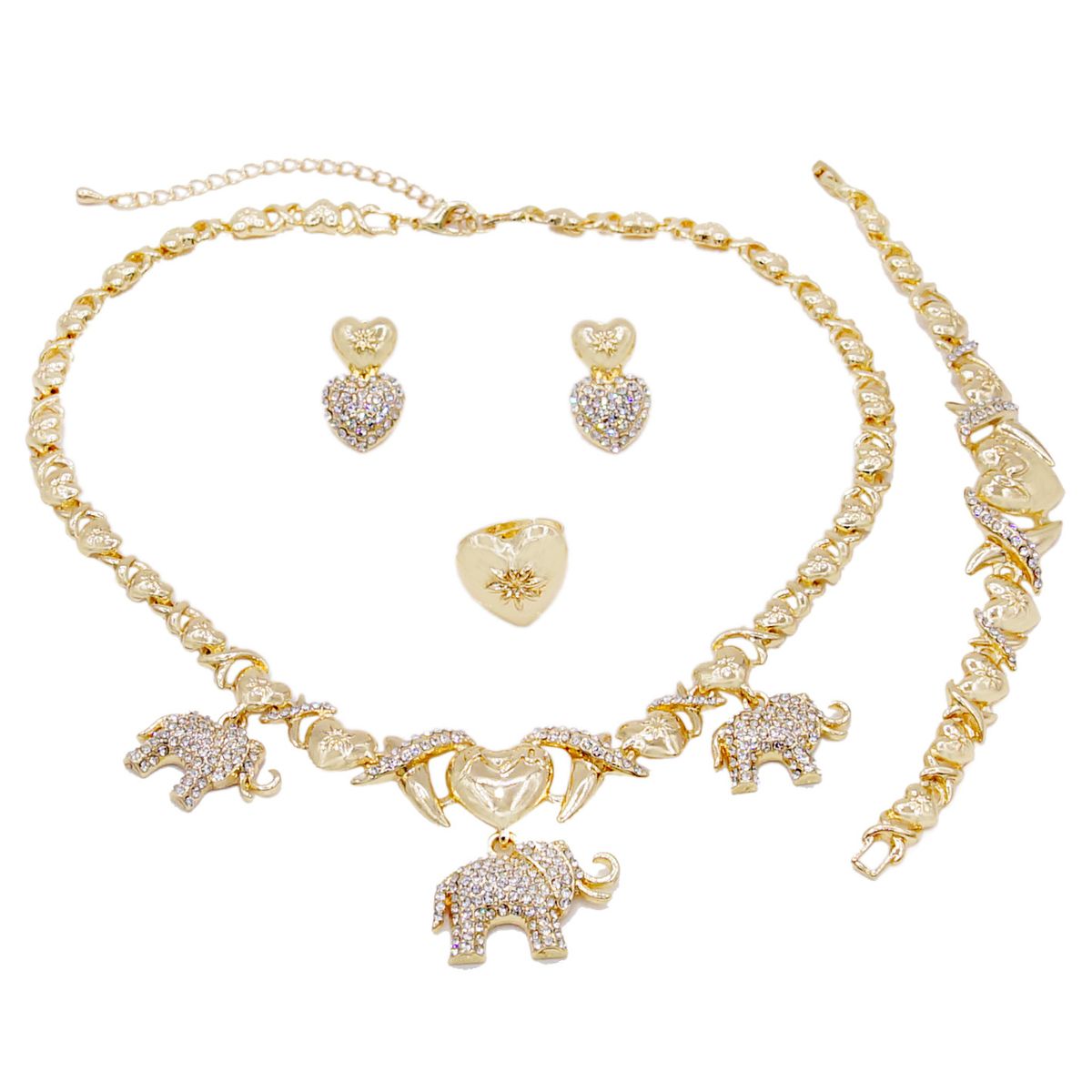 Artificial Gemstone Alloy Heart And Elephant  Jewelry Set Of Fou-Gold