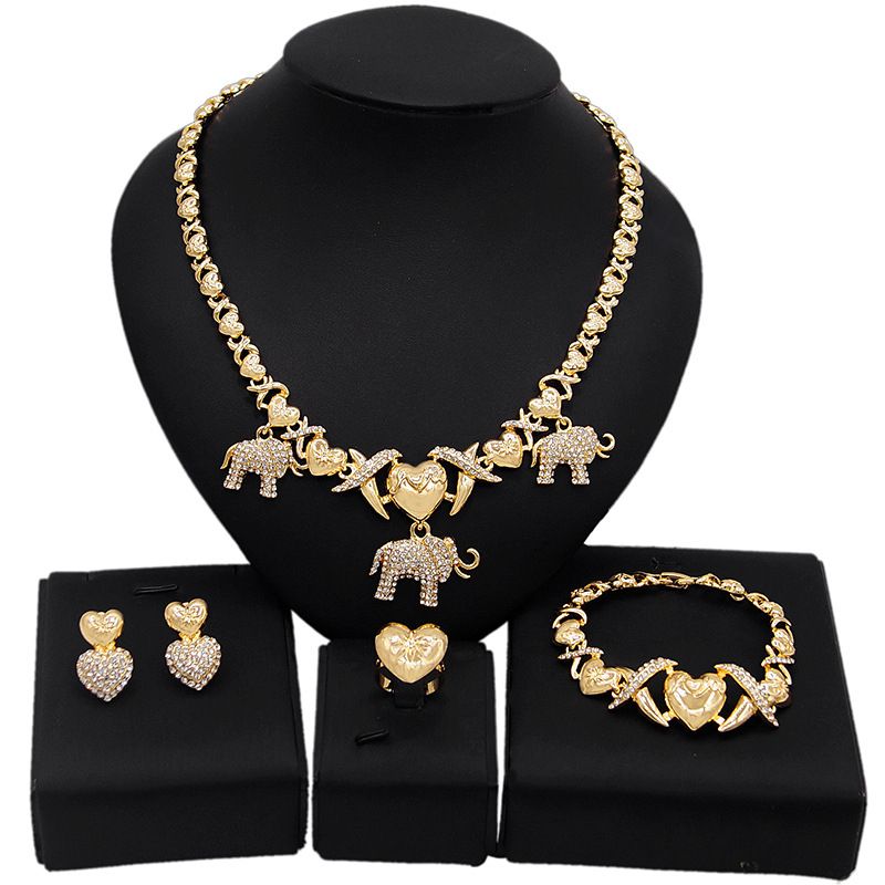 Artificial Gemstone Alloy Heart And Elephant  Jewelry Set Of Fou-Gold