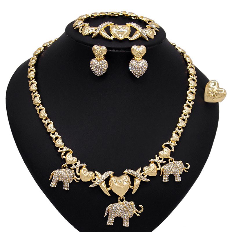 Artificial Gemstone Alloy Heart And Elephant  Jewelry Set Of Fou-Gold