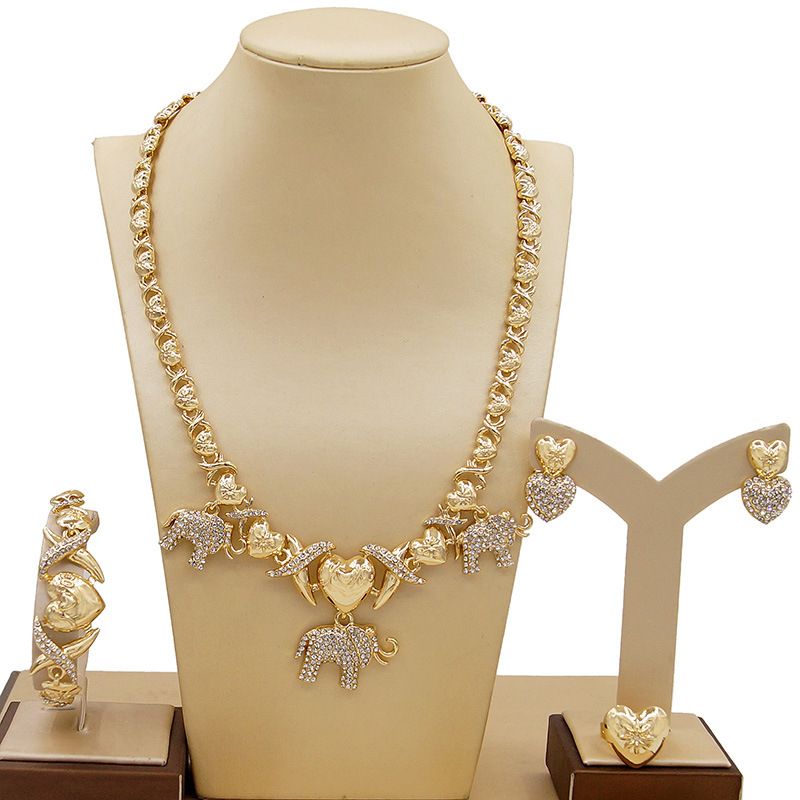 Artificial Gemstone Alloy Heart And Elephant  Jewelry Set Of Fou-Gold