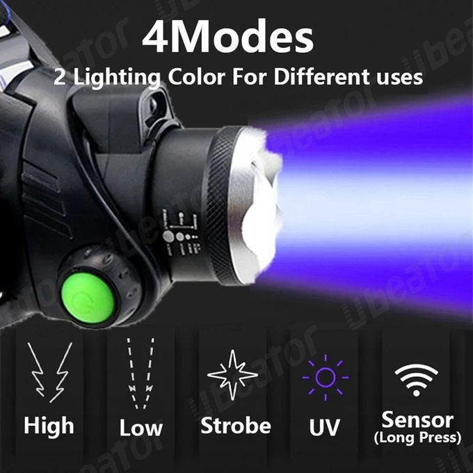 Mini Motion Sensor Led Headlight 5 Gears Control USB Charging White UV Black 2 Lights Headlamp