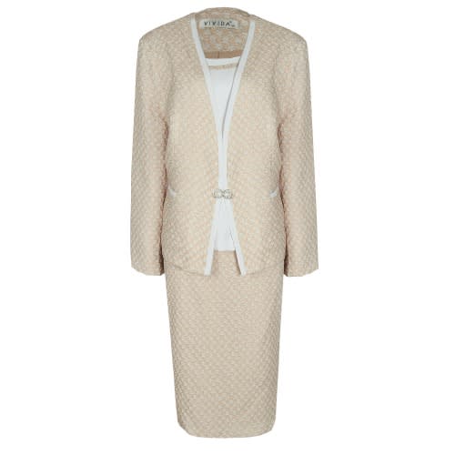 A Floral Detailed Ladies 3-piece Skirt Suit- White/gold Lss-4906