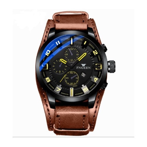 Men's Leather Quartz Wrist Watch - Brown