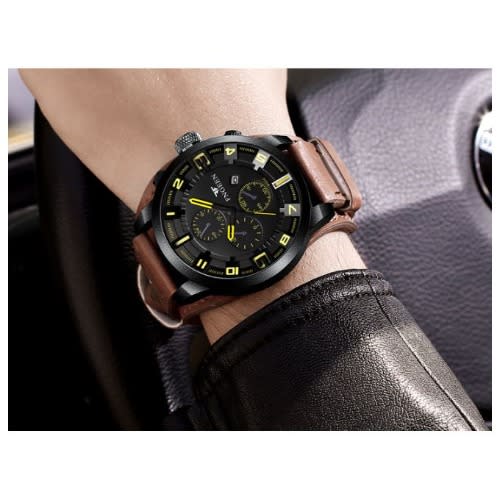 Men's Leather Quartz Wrist Watch - Brown