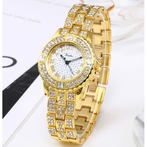 Women's Studded Stainless Steel Bracelet Wrist Watch- Gold