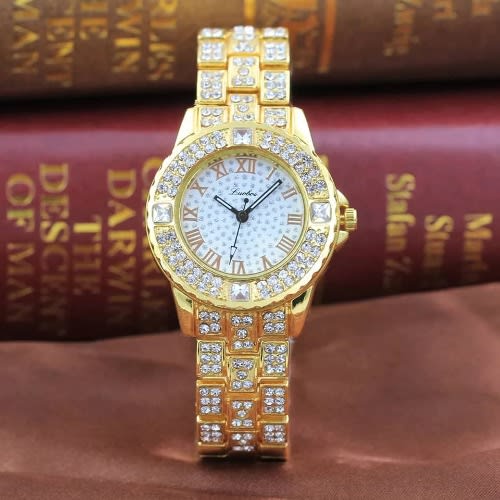 Women's Studded Stainless Steel Bracelet Wrist Watch- Gold