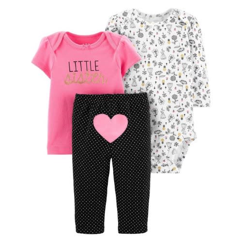Baby Girl Little Sister Glitters Top, Bodysuit And Pant 3 In 1pack