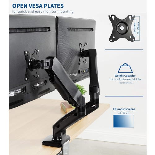 Dual Arm - Monitor Desk Mount - Adjustable Height - Tilt Pneumatic Stand - Black
