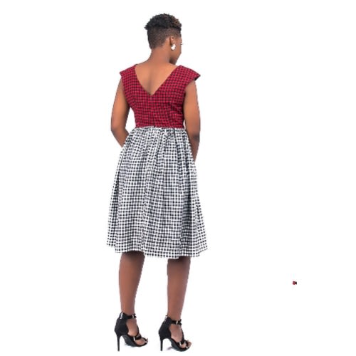 Red & Black Check Fitted Bodice On White & Black Gathered Down Panel With Fitting Cap