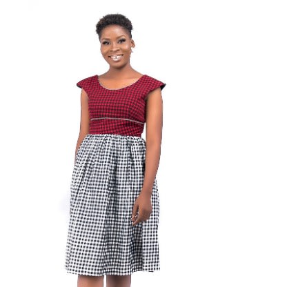 Red & Black Check Fitted Bodice On White & Black Gathered Down Panel With Fitting Cap