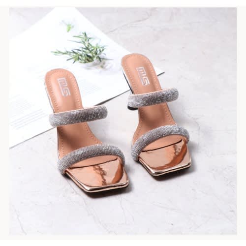 Rhinestone Decor Two Bands 8.5cm Stiletto Heeled  Slippers