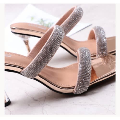 Rhinestone Decor Two Bands 8.5cm Stiletto Heeled  Slippers