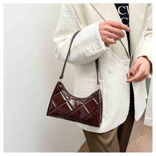 Artificial patent Leather Quilted Baguette Bag - Brown