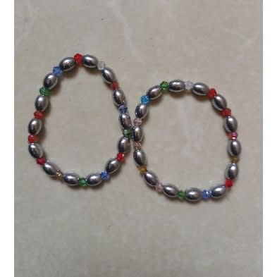 Glossy Stoned Bead Bracelet-2pcs - Silver Rainbow