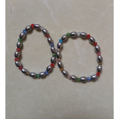 Glossy Stoned Bead Bracelet-2pcs - Silver Rainbow