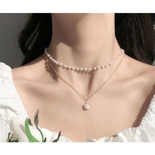 Double Layer Female Pearl Choker With Chain Necklace