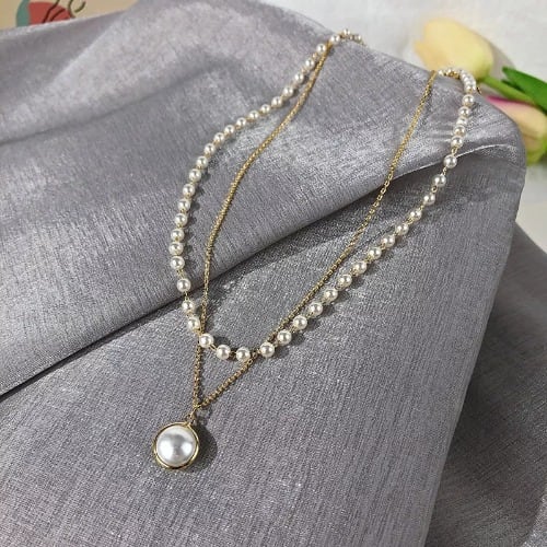 Double Layer Female Pearl Choker With Chain Necklace