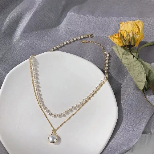 Double Layer Female Pearl Choker With Chain Necklace