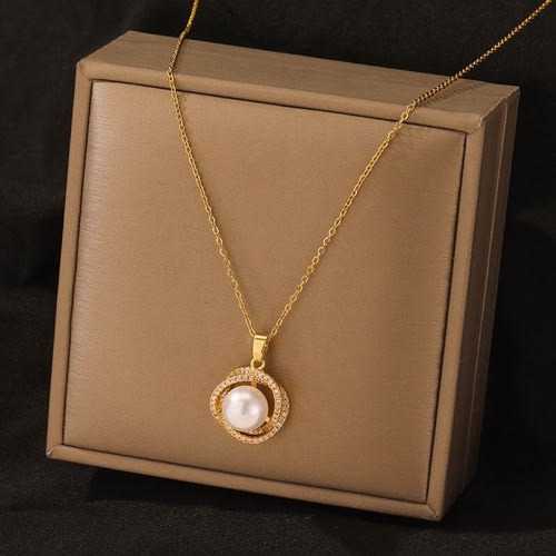 Bead Ball Hollow Crystal Pendant Necklace- Gold