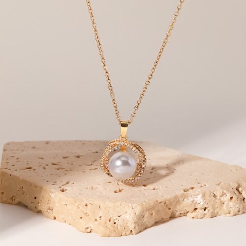 Bead Ball Hollow Crystal Pendant Necklace- Gold